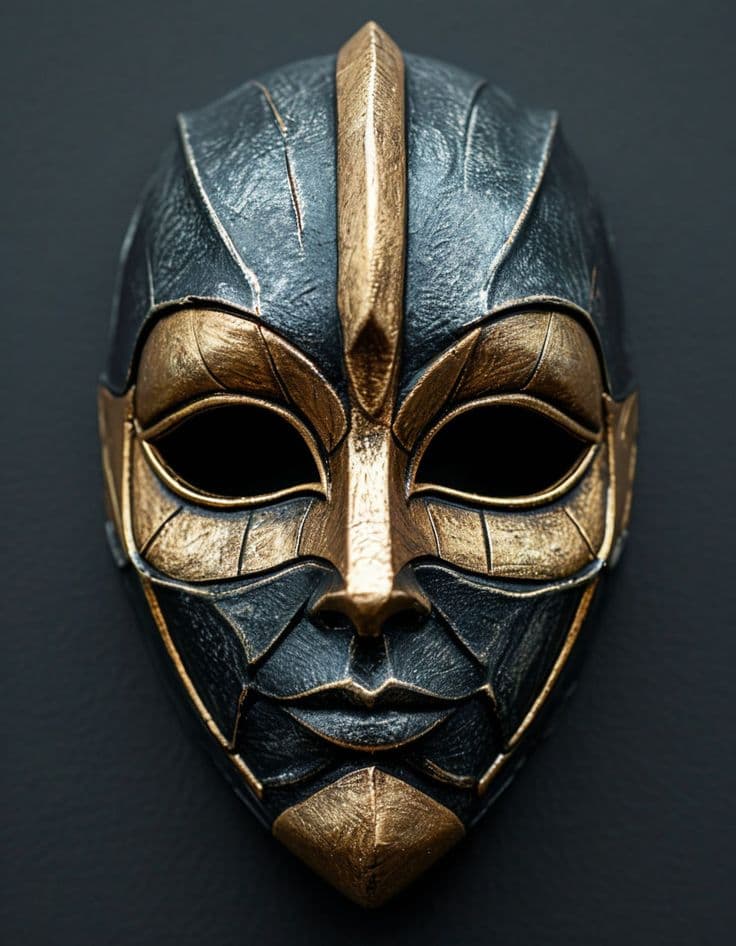 قناع محارب فاخر ثلاثي الأبعاد، بتفاصيل ذهبية، ونسيج جلدي أسود، ونموذج ثلاثي الأبعاد منخفض التعدد